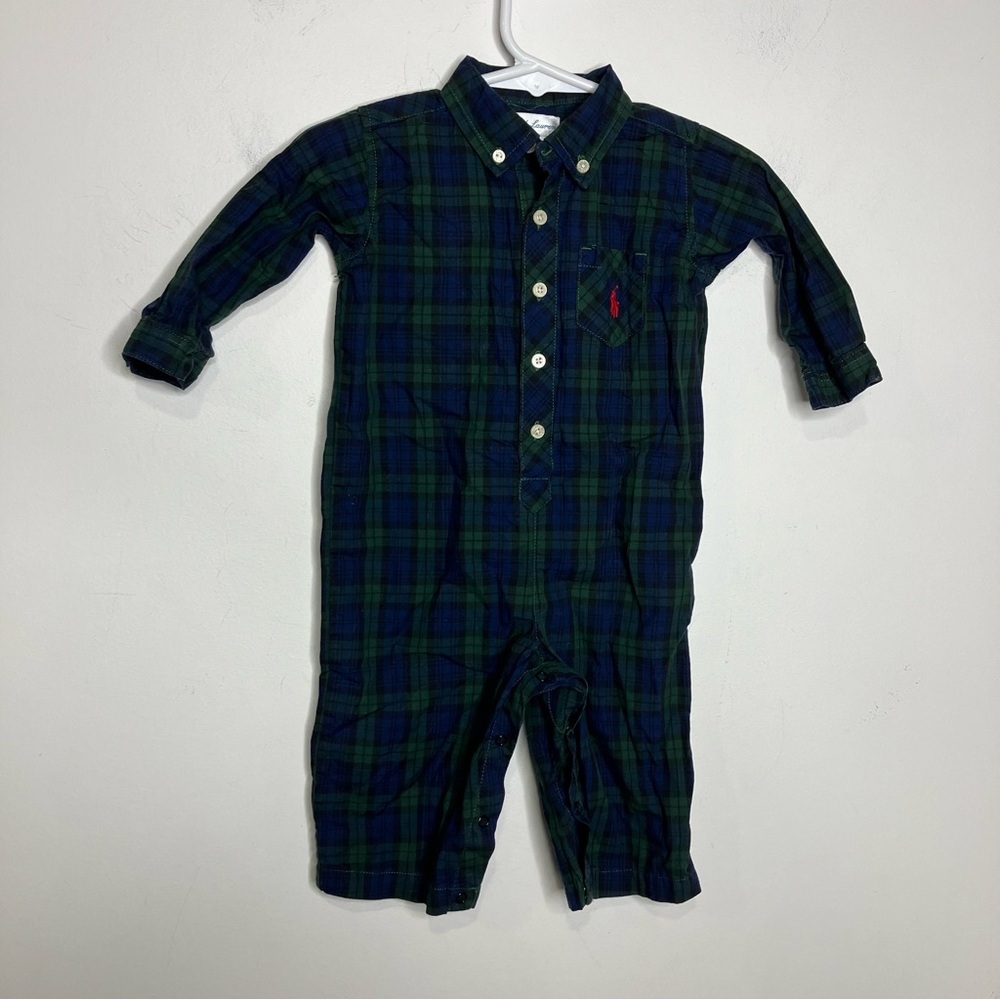 Ralph Lauren tartan plaid jumpsuit 100% cotton green blue kids size 9 months
